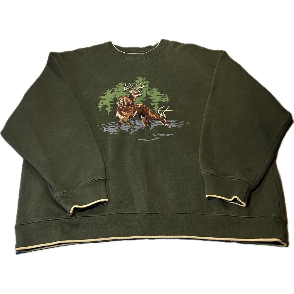VTG 90s L Men Green Deer Embroidered Crew Sweatshirt Hunting Buck Croft & Barrow